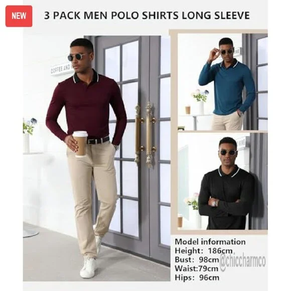 Men's Long Sleeve Polo Shirts 3-Pack Performance Fabric Pocket Design
